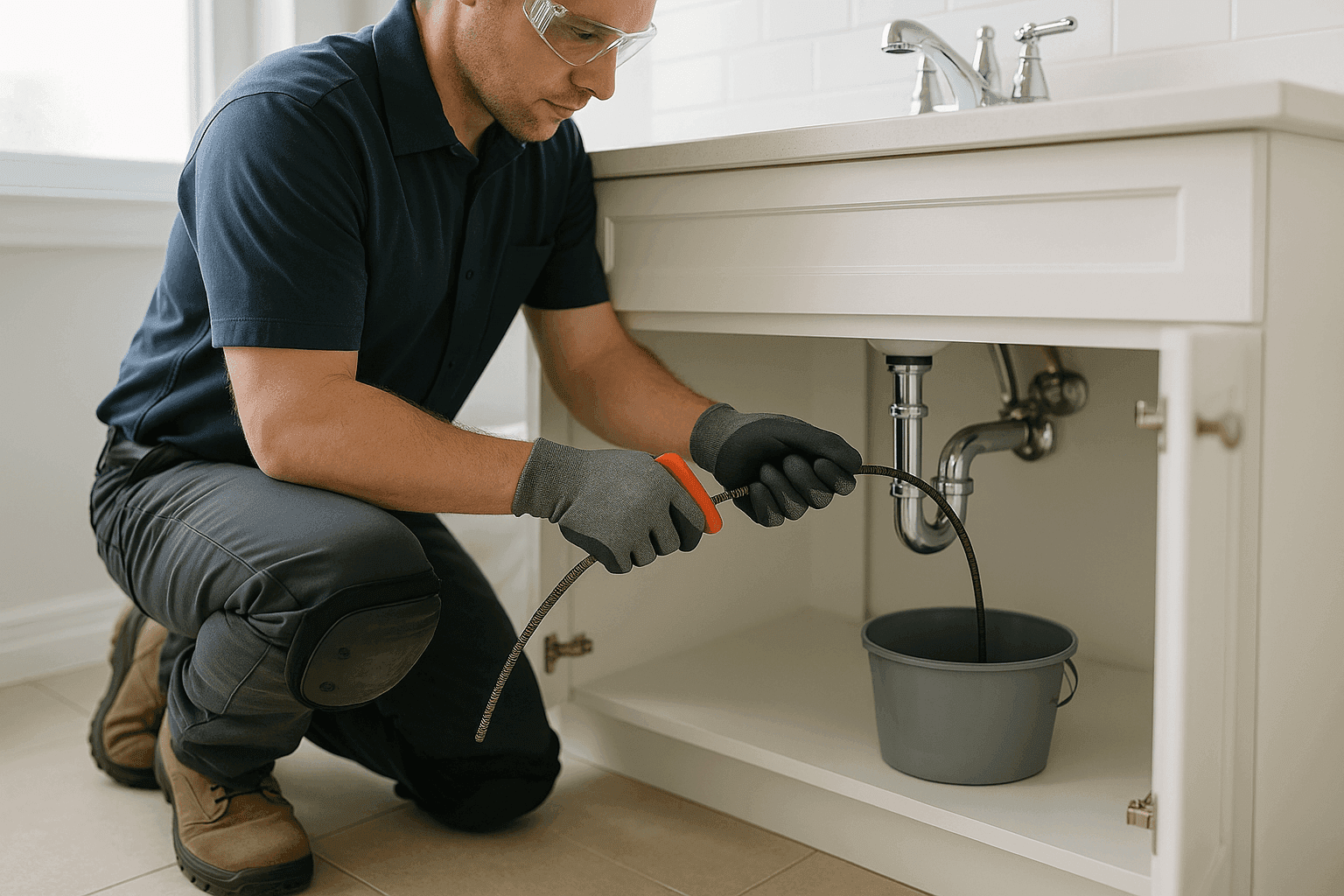 Technician running a drain snake into a bathroom sink trap
