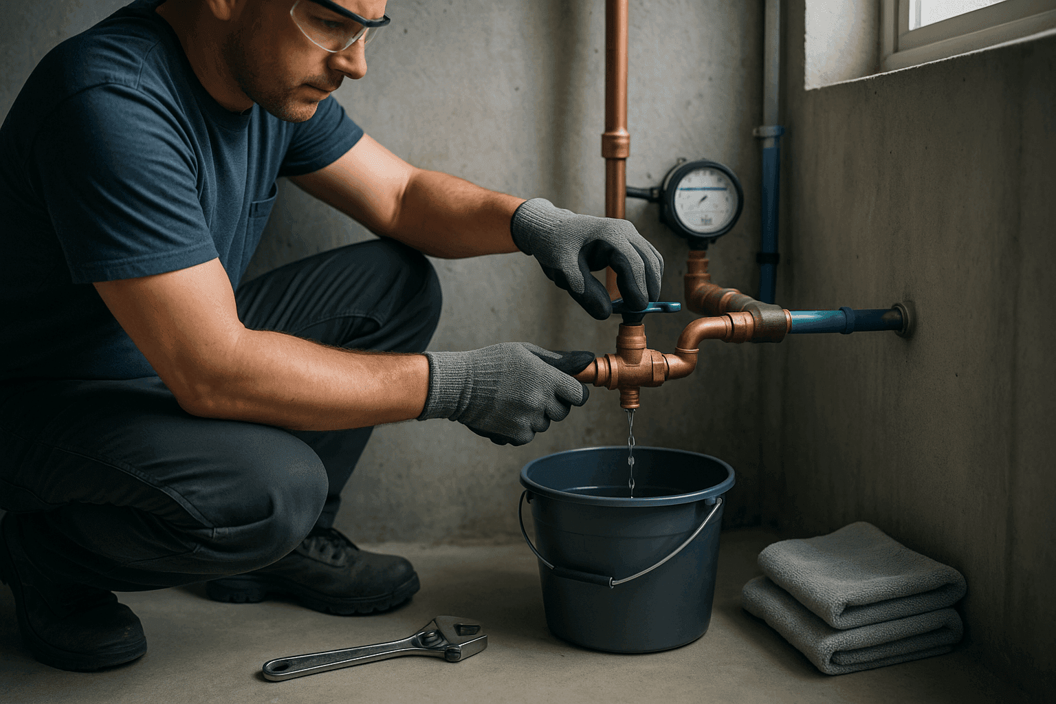 Technician closing a main water shut-off valve during a plumbing emergency