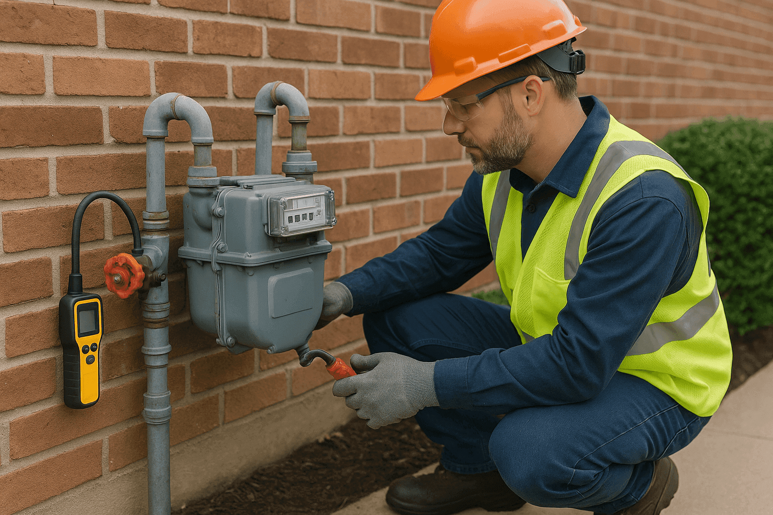 Technician inspecting a residential gas shutoff valve at the meter