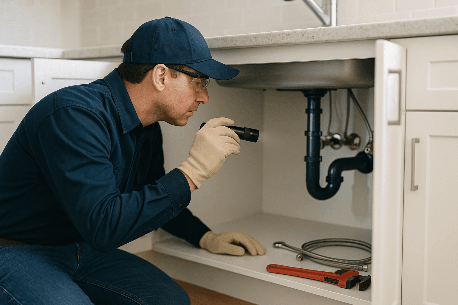 Homeowner inspecting kitchen plumbing pipes with flashlight