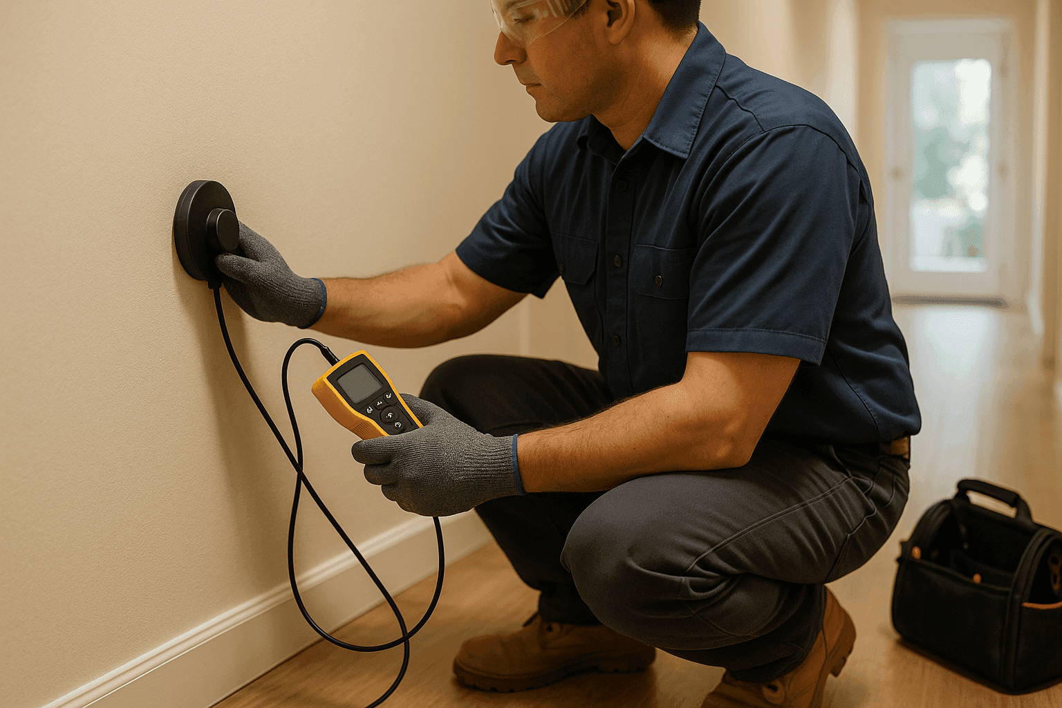 Plumber using an acoustic leak detector on a wall