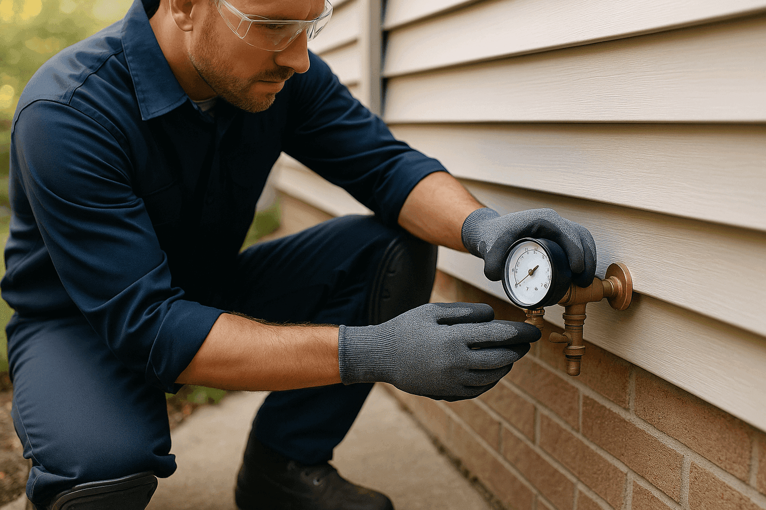 Plumber checking a water pressure gauge on an outdoor hose bib