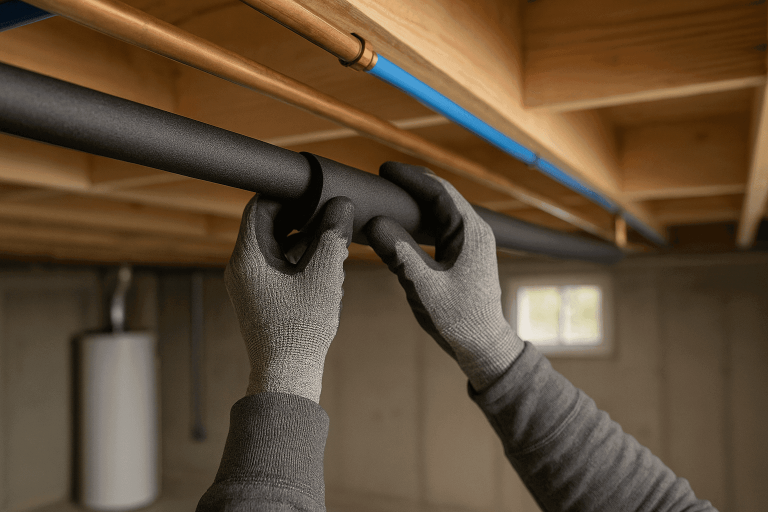Homeowner insulating exposed water pipes with foam sleeves