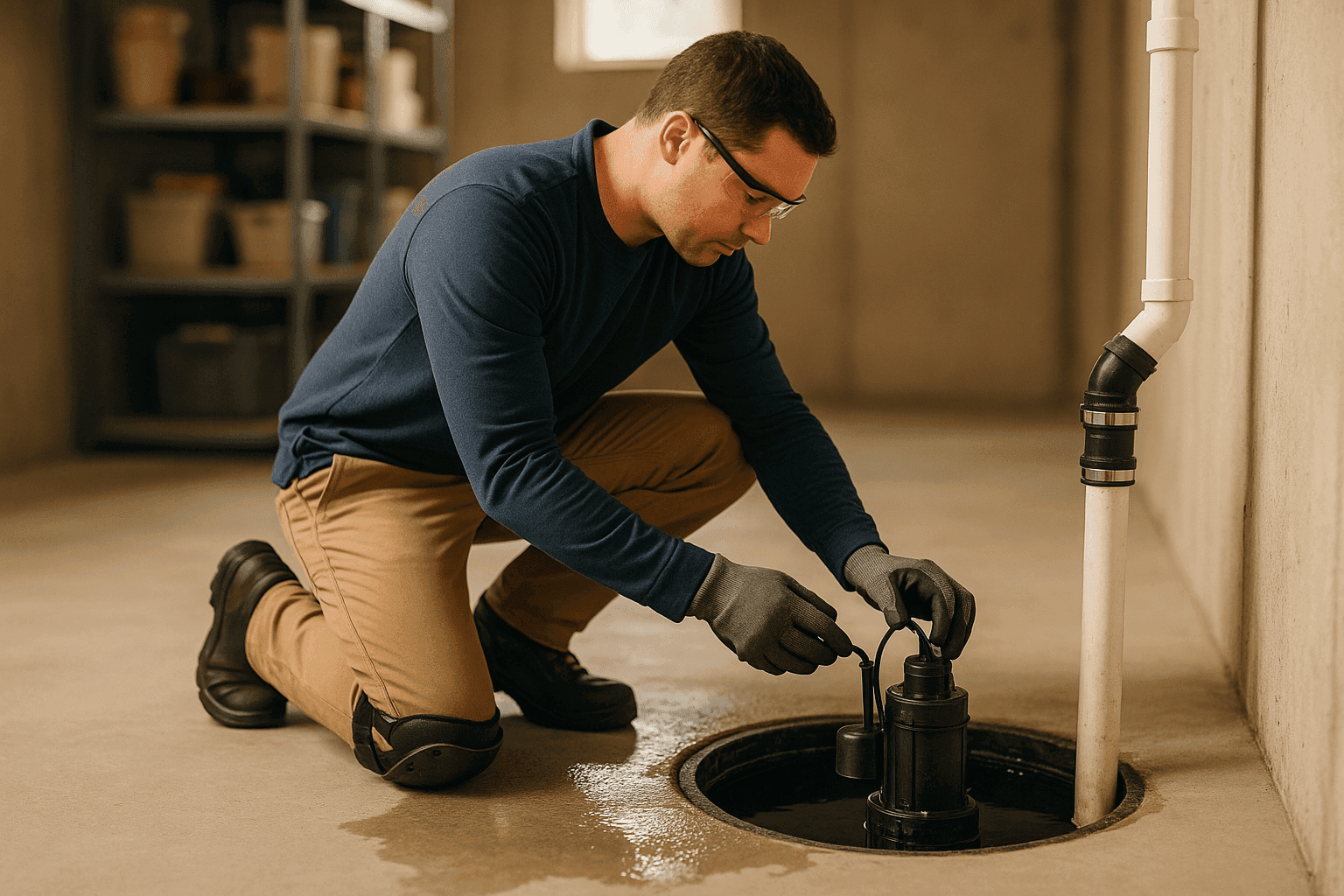 Plumber testing a sump pump float switch in a basement pit