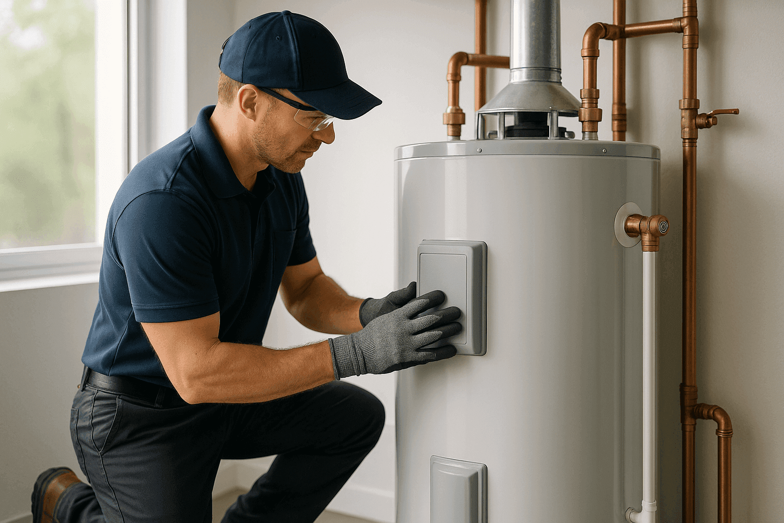 Technician inspecting a residential water heater control panel