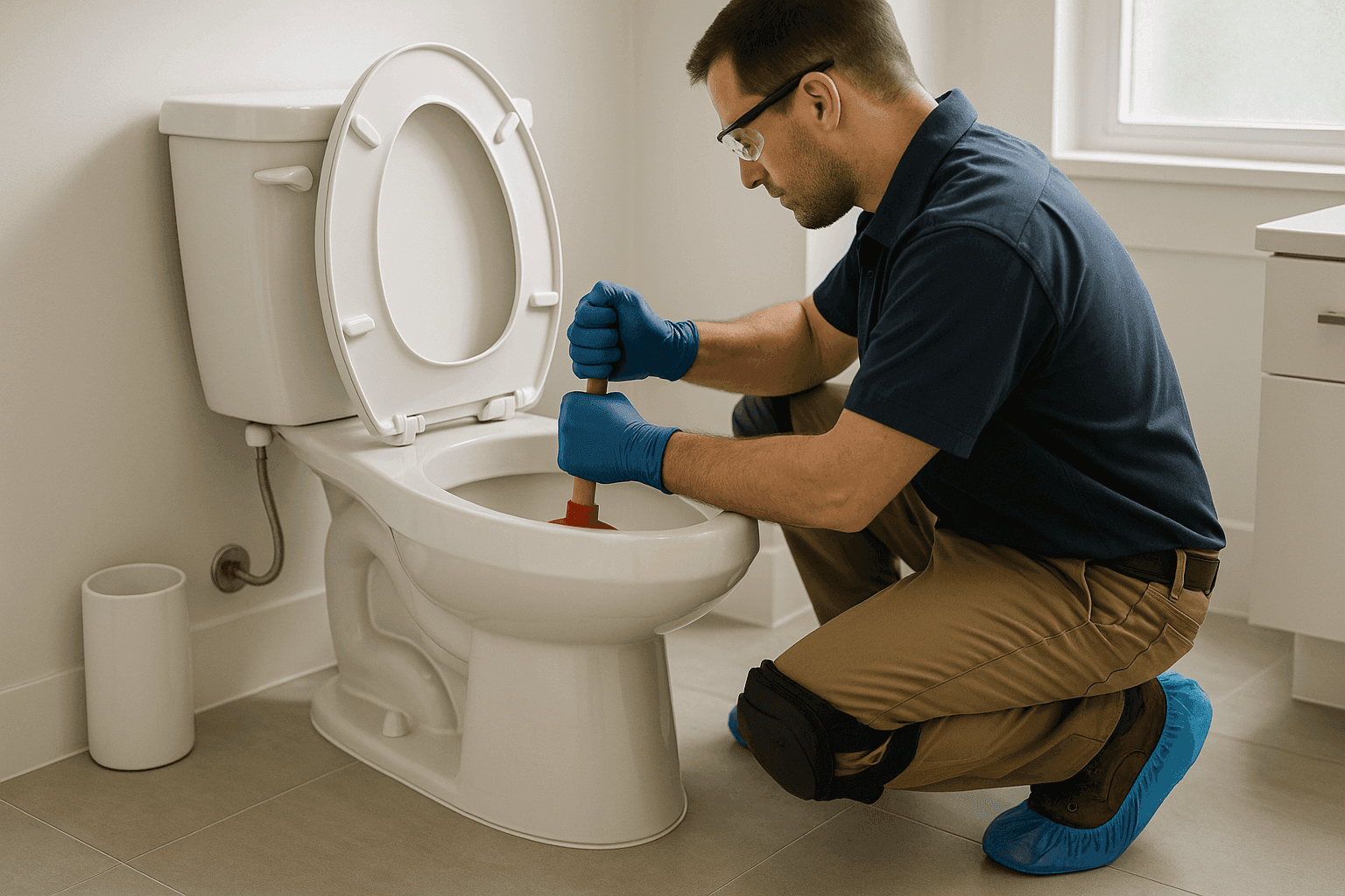 Plumber using a flange plunger on a residential toilet